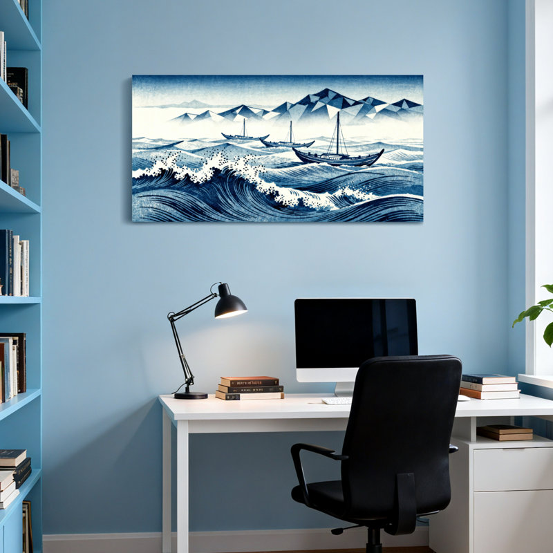 Paysage et nature «Blue Waves Mountains Ships Ocean», reproduction d'art, H 24 po x l 48 po