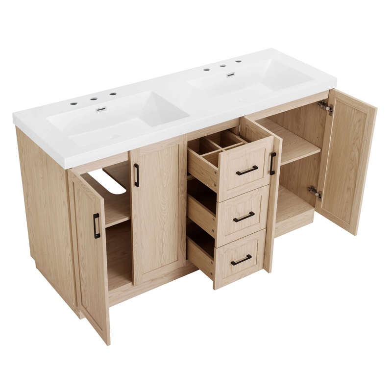 Meuble-lavabo à double cuve 59 po avec lavabo Smc 59 po, 4 portes et 3 tiroirs, meuble-lavabo moderne en bois MDF avec tablettes ajustables