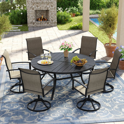 7-Pieces Round Patio Dining Set With Swivel PVC-coated polyester Chairs