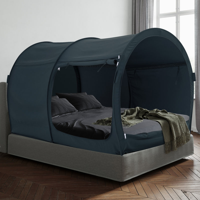 Twin Size Bed Tent Canopy - Pop Up Privacy Sleeping Tent for Indoor Use, Light Reducing & Breathable Grey Cottage Design, Portable Frame with Mesh Windows, 75 x 39 x 47 Inches