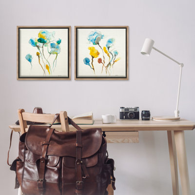 Aquarelle bleu sarcelle et fleurs jaunes, ensemble de 2 toiles flottantes encadrées par Patti Mann