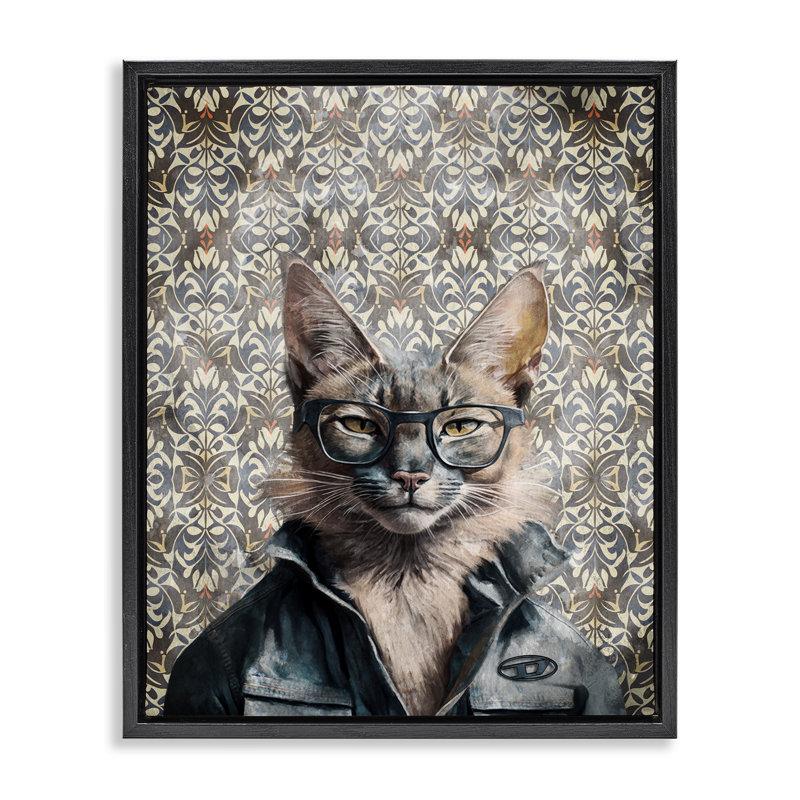  «Wild Cat on Damask» par Svetlana Aleynikova, H 31 po x l 25 po, Cadre flottant noir de jais