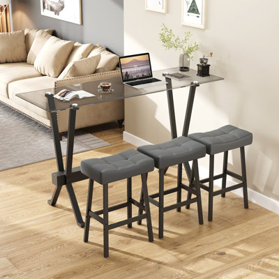 Ensemble de table de bar et de chaises Modern, 4 pièces (1 table + 3 chaises), plateau en verre trempé, structure en métal, noir et gris, pour l'intérieur et l'extérieur