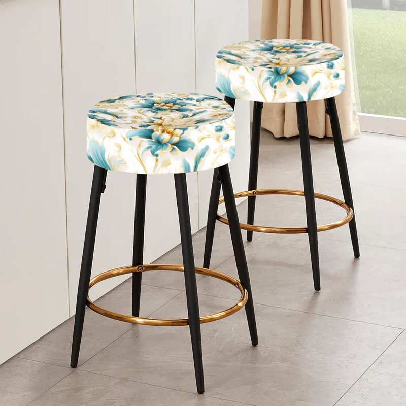 Ensemble de 2 tabourets de bar victoriens à motif damas bleu et blanc