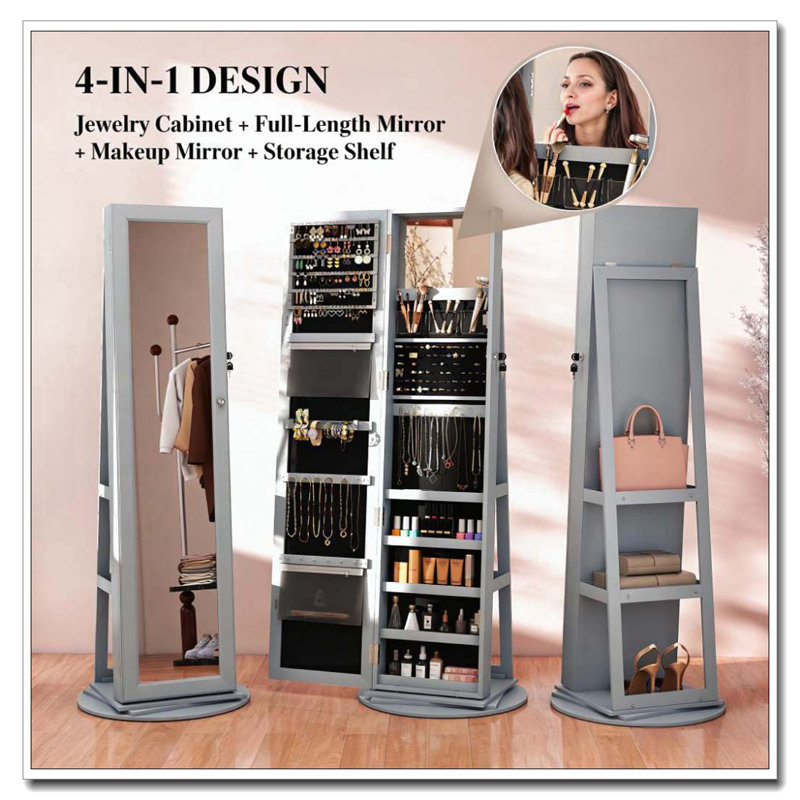 Miroir pivotant sur 360 ° avec tablettes de rangement, Gris