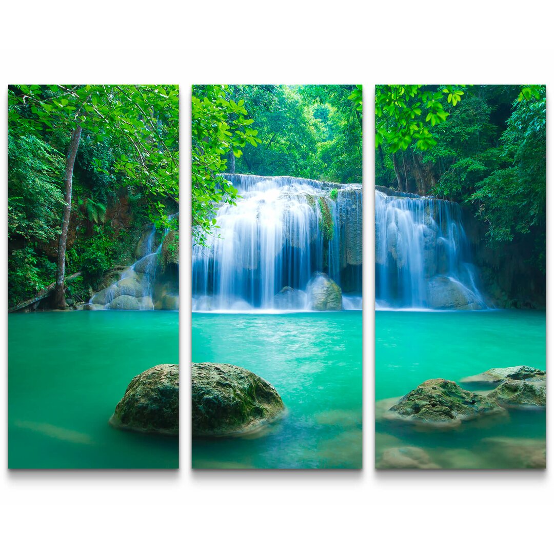 3-tlg. Leinwandbilder-Set Exotischer Wasserfall in Erawan - Thailand