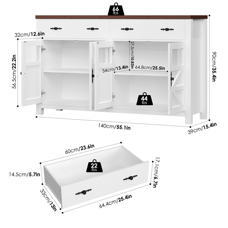 55.1" Nostrand 4 Door Accent Cabinet, White/Brown