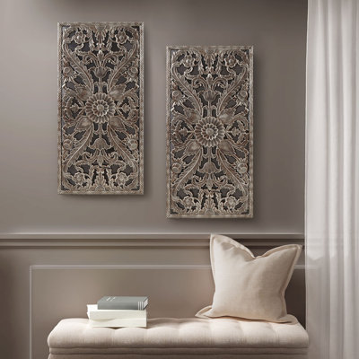 Distressed Carved Wood 2Piece Wall Decor Set