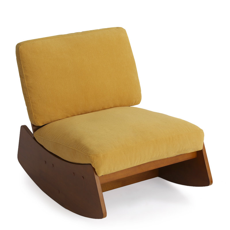 Fauteuil à bascule en bois massif recouvert de chenille, avec siège et dossier rembourrés, Jaune