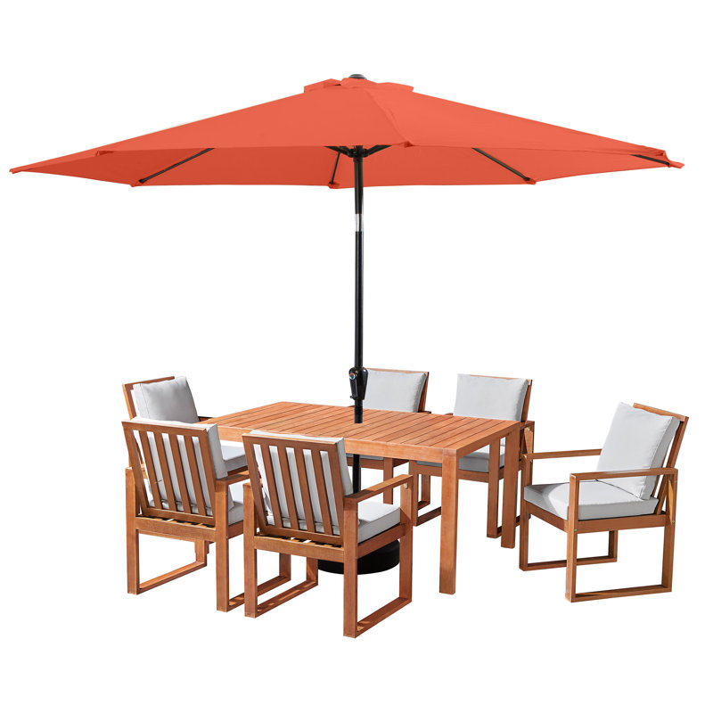 Weston 8 Pc Patio Dining Set Wood One 63" Table 6 Chairs With Cushions And 1 10-Foot Tilt Umbrella , Red Orange