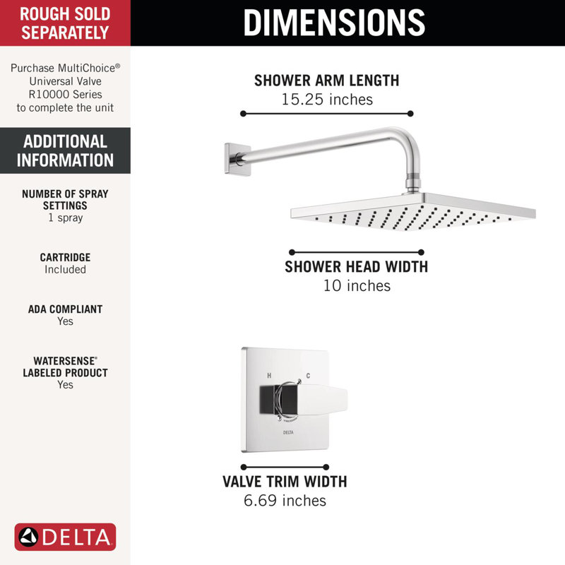 Modern 14 Series Square Rain Shower Faucet Set, Chrome Shower Head and Handle Set, Valve Trim Kit, Chrome (Valve Not Included)