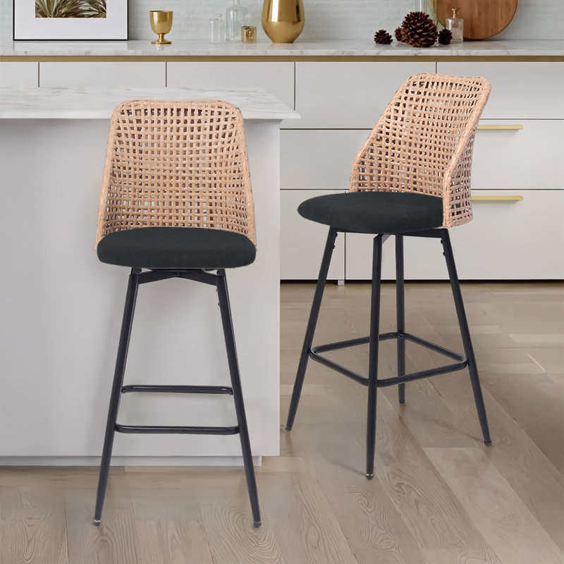Swivel Upholstered Rattan Back Counter & Bar Stool, Black