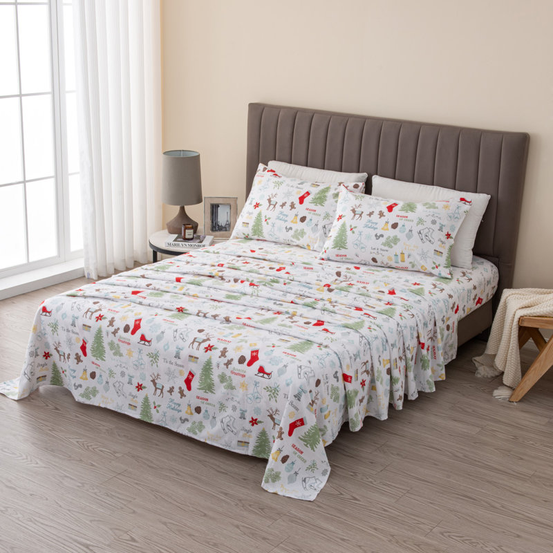Twin Gray Holiday Print Cotton Flannel Sheet Set