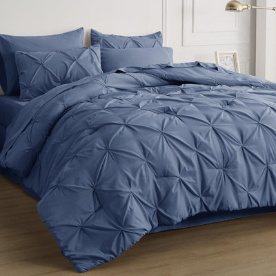 Ensemble d'édredon à plis pincés bleu ardoise avec draps, taies d'oreiller et taies d'oreiller
