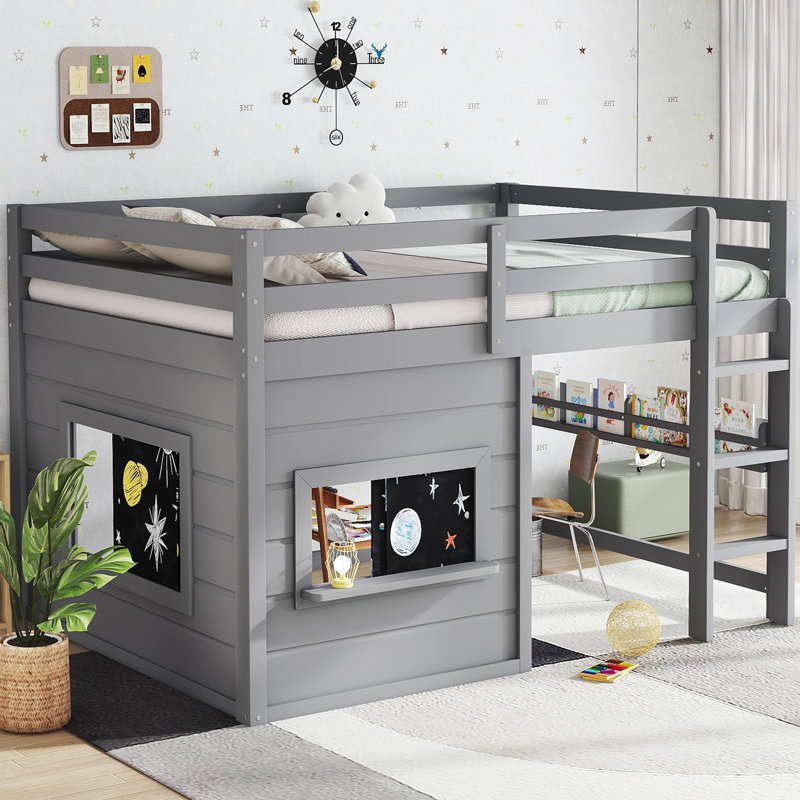 Lit mezzanine pour enfants avec tableau coulissant, Double, gris