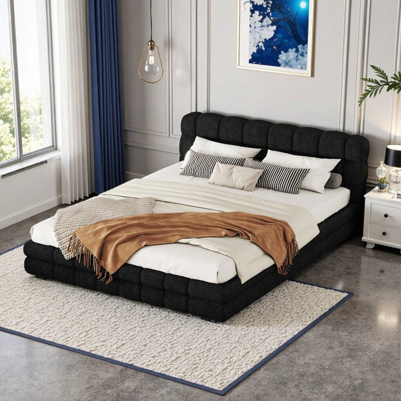 Queen Upholstered Platform Bed in Black - Modern Design, No Box Spring Needed, Black