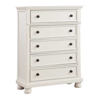 Commode blanche 5 tiroirs Casual avec boutons bronze antique et pieds en oignon - Aucun assemblage requis