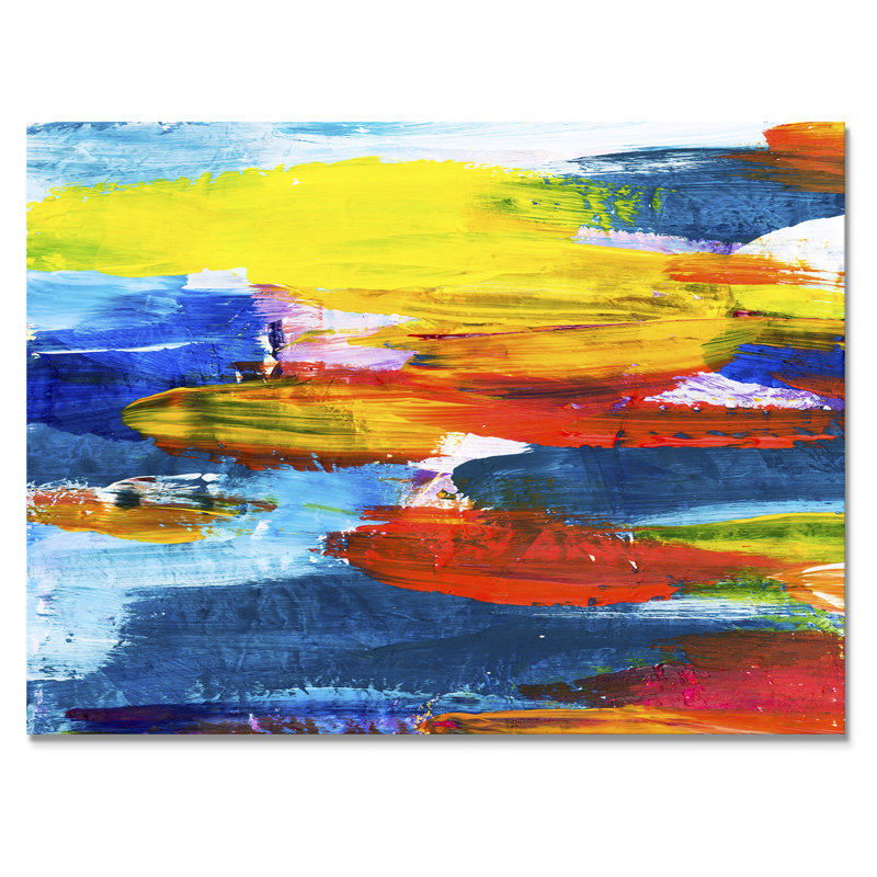 Jaune, jaune, rouge et bleu - univers sur toile - peinture sur toile, Toile tendue, H 12 po x l 20 po
