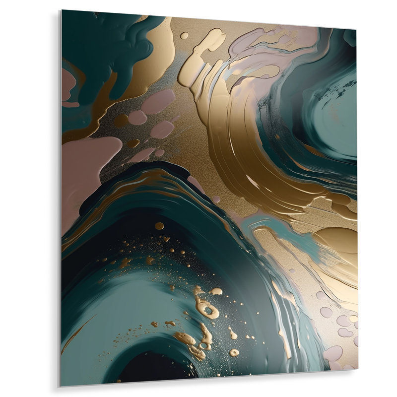 Or et vert abstrait marbré harmonies tourbillons III - marbre décoration murale, H 20 po x l 12 po x P 1 po