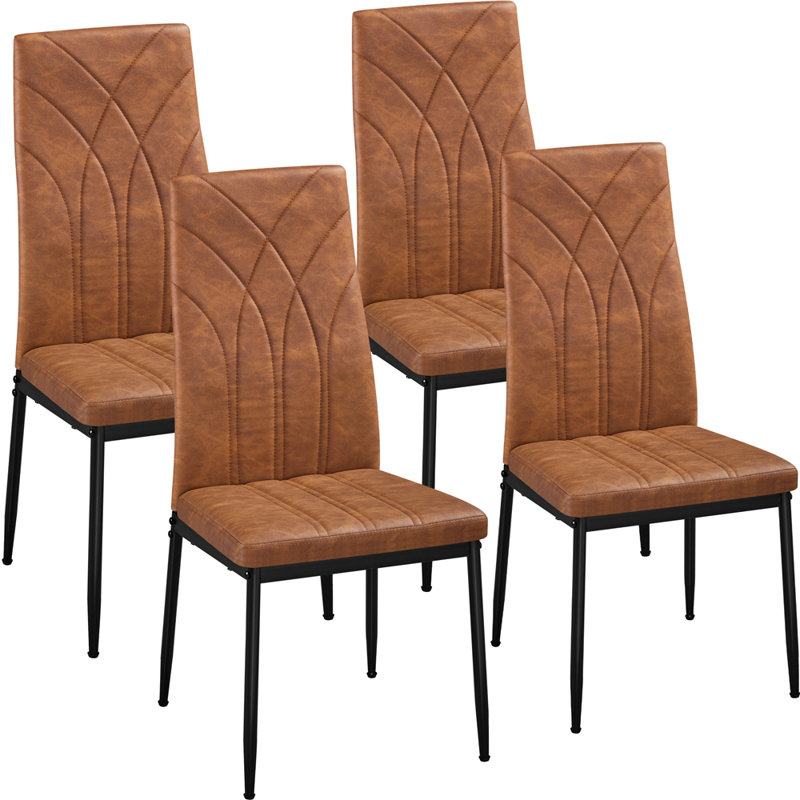 color Faux Leather Modern High-backed Dining Chairs with Metal Legs, Retro Brown