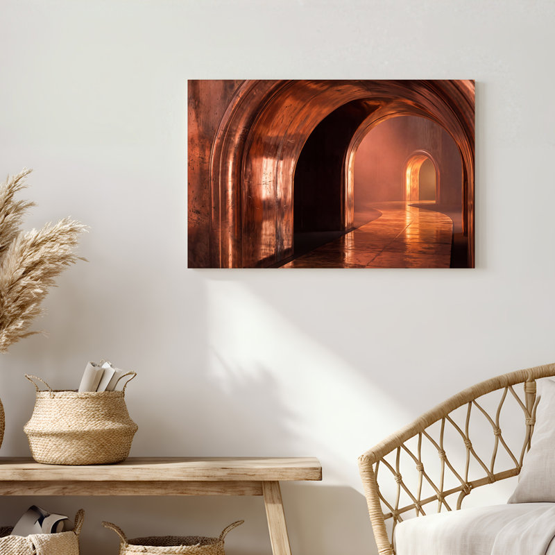 Toile incurvée avec arches de cuivre dans une atmosphère orange brumeuse, 36"H x 48"W