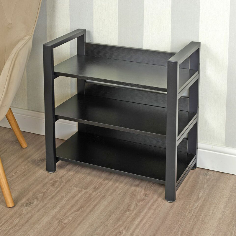 3 Tier Metal & Wood Shelf Shoe Multi Purpose Storage Display Racking Unit, Black