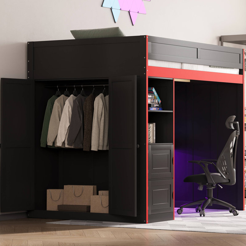 Lit mezzanine de jeu avec bureau et rangement, lumières DEL, Lit double