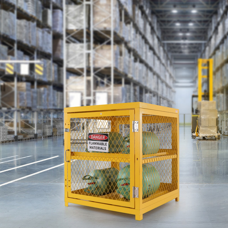 Horizontal Cylinder Storage Cabinet, 4 x 33 lbs Cylinder Capacity, 31.02x30.04x35 inch Propane Storage Cage, Gas Cylinder Cabinet, Yellow Powder Coat Finish, for Freon, Gases, Oxygen, Nitrogen