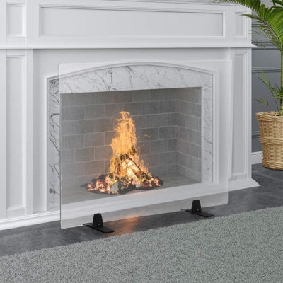 Pare-feu en verre trempé transparent de 61 x 91 cm avec base en métal noir, protection anti-feu autoportante pour l'intérieur et l'extérieur