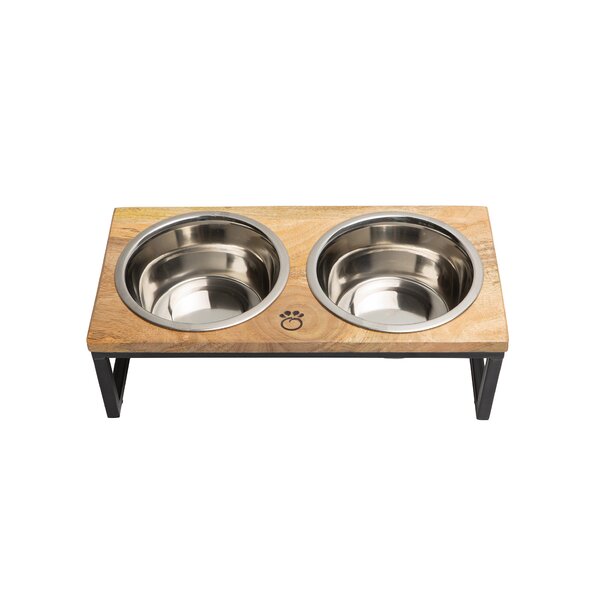 Teamson Pets Billie Small Elevated Wood Pet Feeder with Ceramic Bowls, Brown