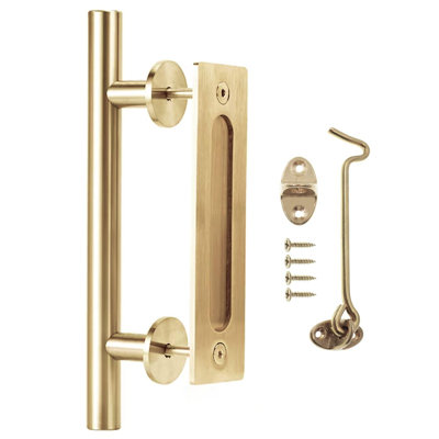 12-Inch Gold Barn Door Handle Kit with Latch Lock Set Closet Brass Finish Pull Handle Flush Handles Hardware Large Sliding Door Handles 1-Door (Light Gold - 1Pack w/Lock)