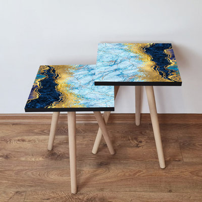 Elegant Nesting Table Set (2 Pieces), Navy Blue & Gold Abstract Marble Design, 13.8 x 18.5 x 13.8 inches | 100% MDF with Beech Wood Legs, Perfect for Living Room & Modern Décor, Stylish & Functional