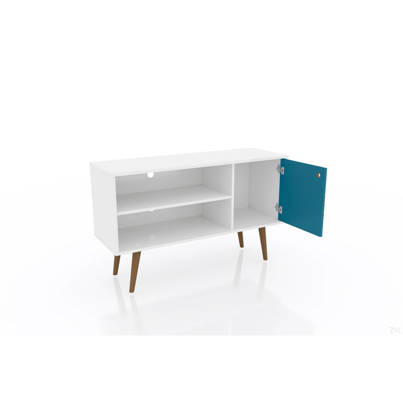 Liberty 43" Mid-Century Modern 3-Shelf TV Stand for TVs up to 43" in Blue Slate and White, White/Aqua Blue