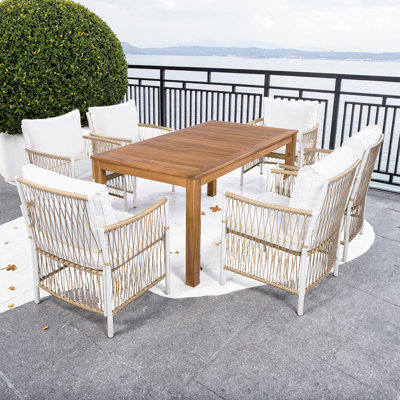 Ensemble de salle à manger 5 pièces pour patio en bois - table rectangulaire en bois d'acacia de 67 po + 4 fauteuils en rotin avec coussins et coussins - Finition naturelle, résistant aux intempéries, pour la piscine, la cour ou le jardin (sièges 4)