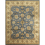 Hand Knotted Wool Oriental Area Rug in Teal/Cream