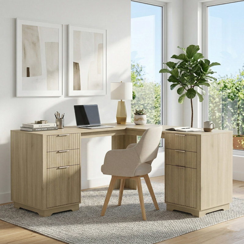 Bureau de direction en L 59 po avec tiroirs de rangement - Poste de travail d'angle transitionnel moderne pour bureau à domicile
