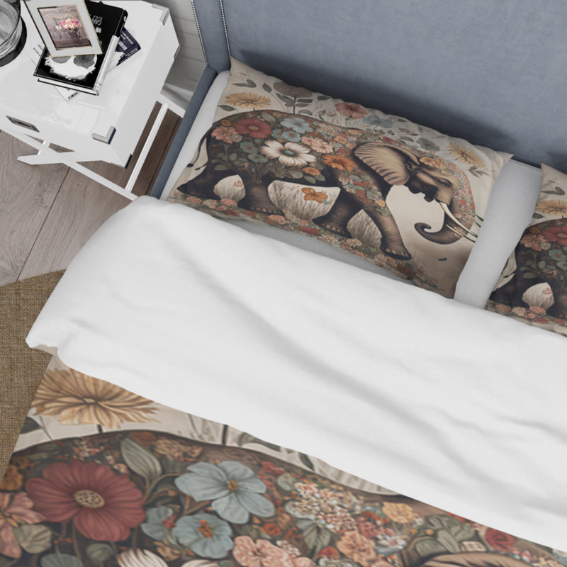 Ensemble de housse de couette en éléphant rétro entouré de fleurs II, Housse de couette pour grand lit et 2 taies décor