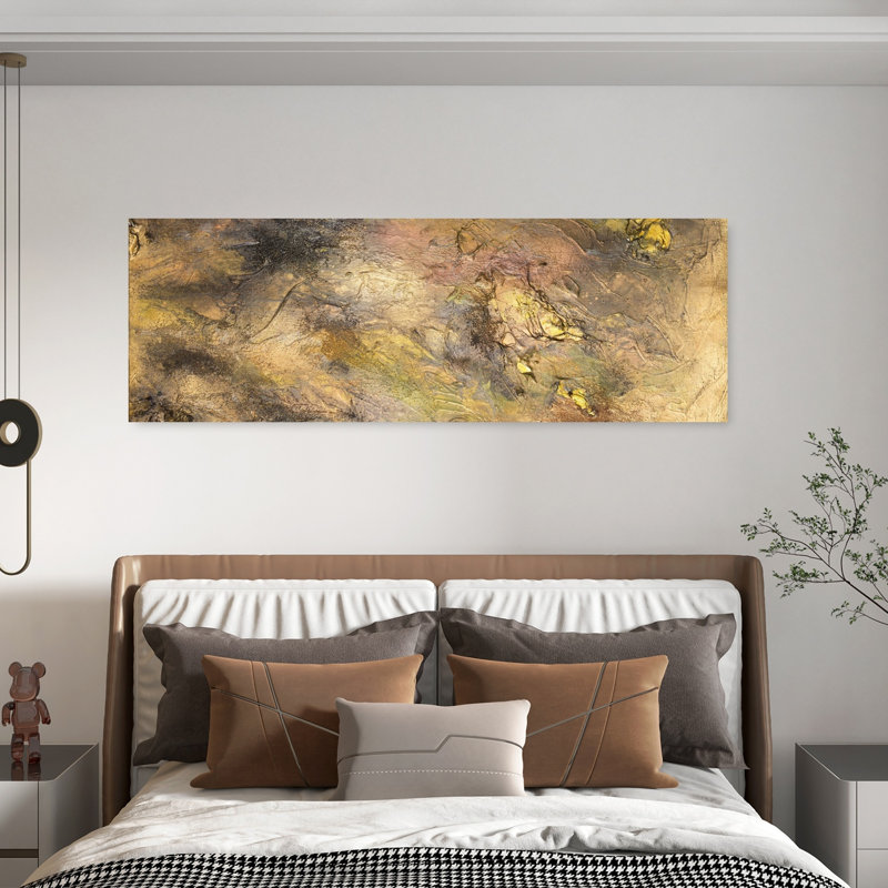 "Earthy Golden Textures", art mural contemporain abstrait, H 20 po x l 60 po