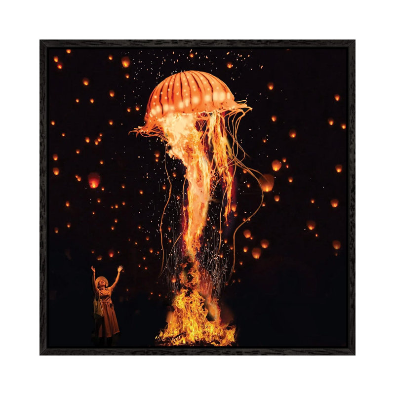Jellyfish Rising From The Flames by David Loblaw - Print on Canvas, 45.72 cm H x 45.72 cm W, Black Framed