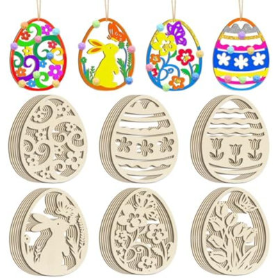 36PCS Wooden Easter Ornaments To Paint, 6 Styles DIY Blank Unfinished Wood Egg Cutouts Ornament For Crafts Hanging Decorations Happy Easter Hallow Egg Rabbit Bunny Butterfly Flower Hen
