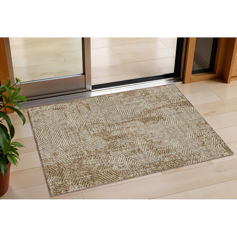 HomeRoots 3' X 5' Brown And Beige Geometric Washable Indoor Outdoor Area Rug