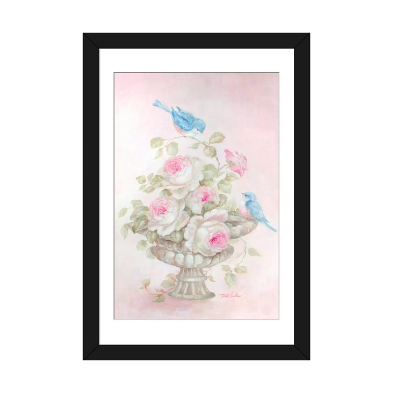 «Sweet Rose Song», peinture sur toile, H 32 po x l 24 po x P 1 po, Papier d'art encadré noir, Blanc