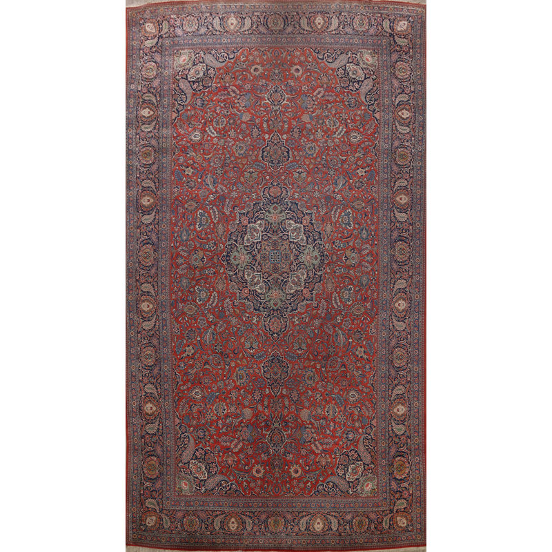 Tapis unique en laine noué à la main style Kashan des années 1900 de 10 pi 10 po x 17 pi 6 po rouge Caleah