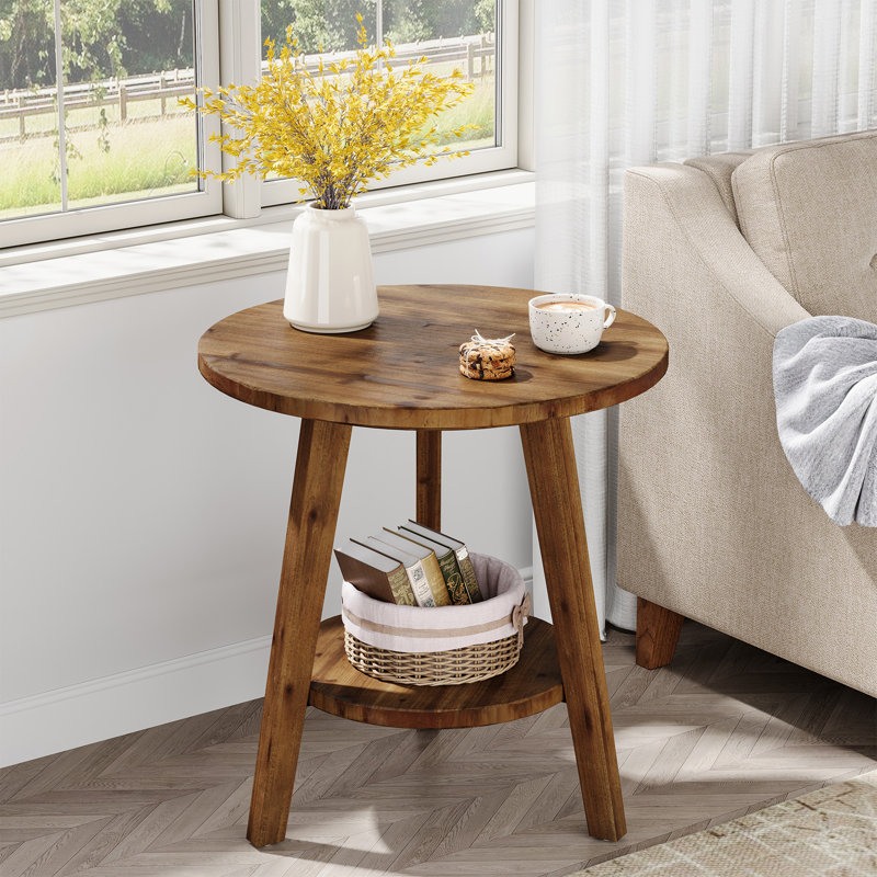 Rustic Solid Wood Round Side Table With Storage Shelf For Living Room, Brown