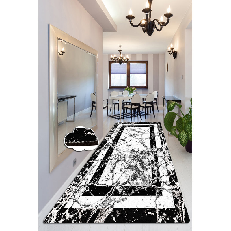 High-Quality Hall Carpet, 4.9 x 9.8 Feet, Black & White | 100% Polyester, 0.4 in Pile Height, Antibacterial, Non-Slip Underside, Machine Washable | Perfect for Living Rooms & Entryways, Durable & Stylish Design