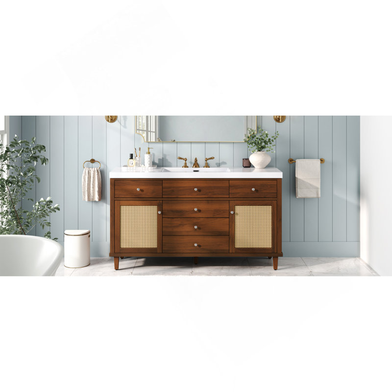 Meuble-lavabo de 60 po avec lavabo SMC, grande armoire de rangement moderne avec tiroirs à fermeture en douceur et portes en rotin, boutons en métal argenté et 5 pieds en pin, brun