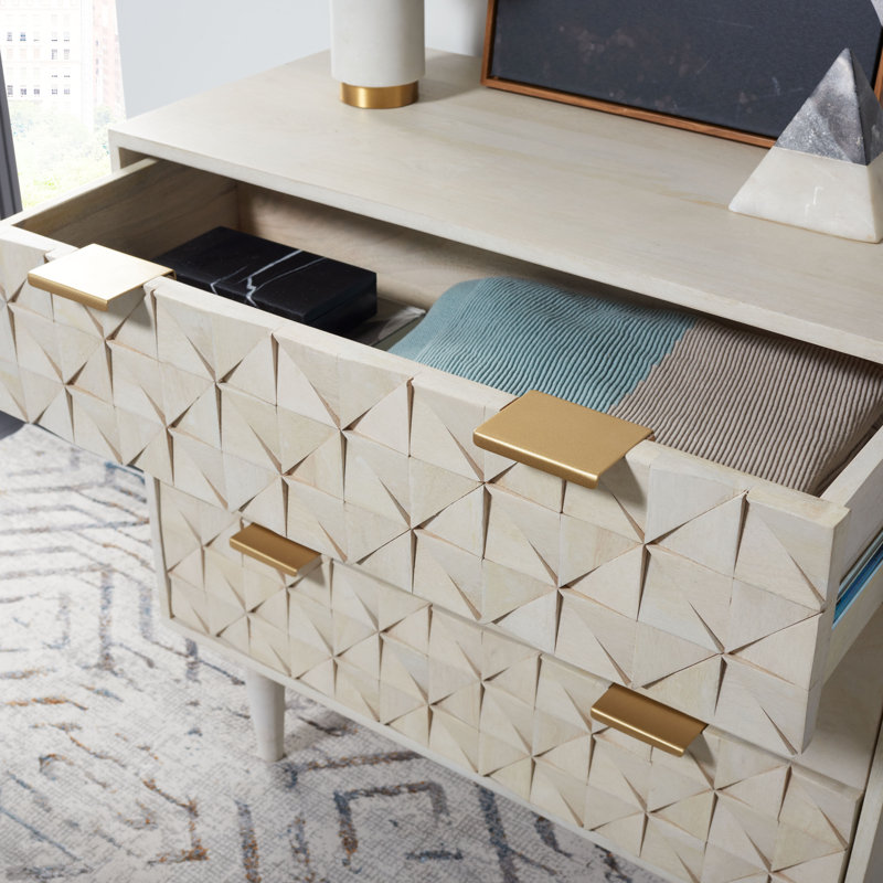 Stylish Ethier 31.8'' Solid Wood Nightstand – 3 Drawer Chest with Mid-Century Modern Tapered Legs, White Wash/Brass