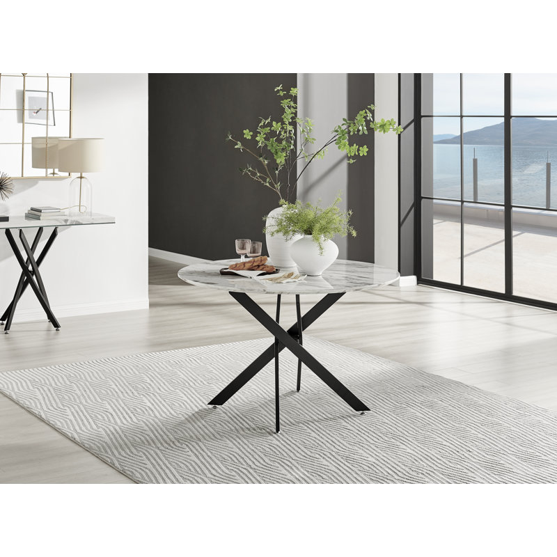 Tierra White Marble Effect Nest Legged Dining Table, Black, 47.2" L x 47.2" W
