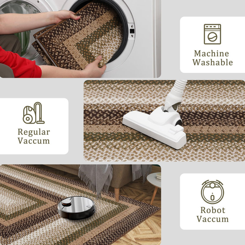 Washable Rug Scalloped Rug Non Slip, Low Pile Thin Foldable Mats, Indoor Neutral Carpet for Living Room Bedroom