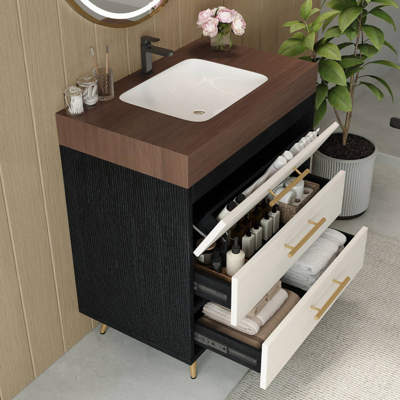 Meuble-lavabo autoportant moderne avec lavabo vasque en céramique et plateau en pierre frittée durable, Noir / blanc, Noyer